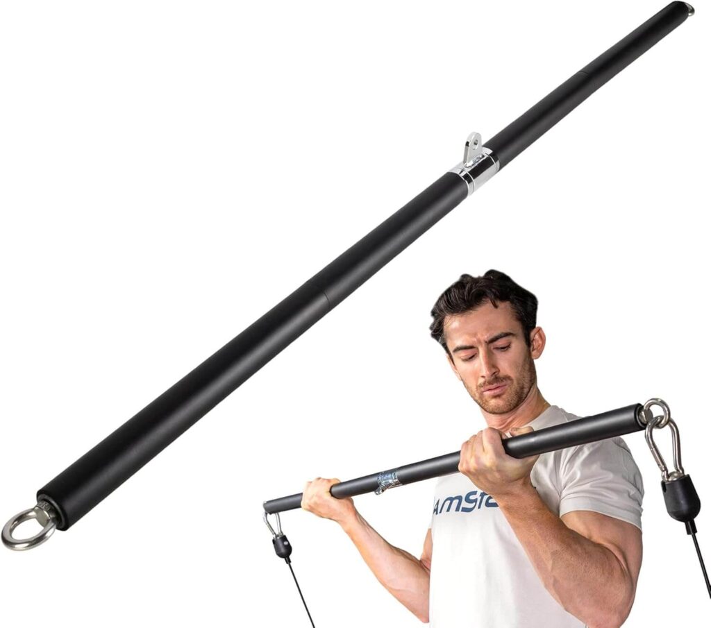AmStaff Fitness 48" Straight Ez Curl Lat Pull Down Bar with Revolving Double Hook for Dual Pulley Cable Machines, Functional Trainer Multi-Purpose Attachment